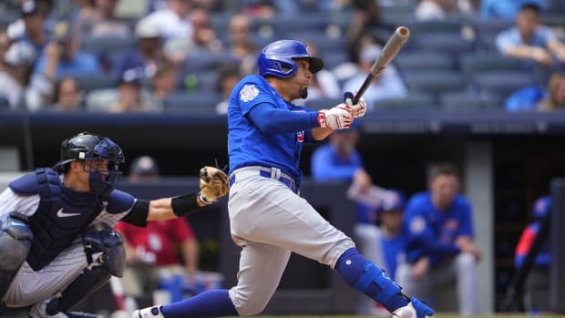 Chicago Cubs OF Rafael Ortega hitting at Yankee Stadium